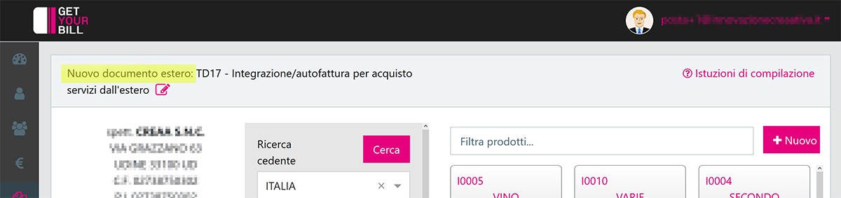 Menù per modificare la selezione della tipologia di documento