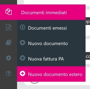 Menù a tendina che mostra come creare un nuovo documento estero