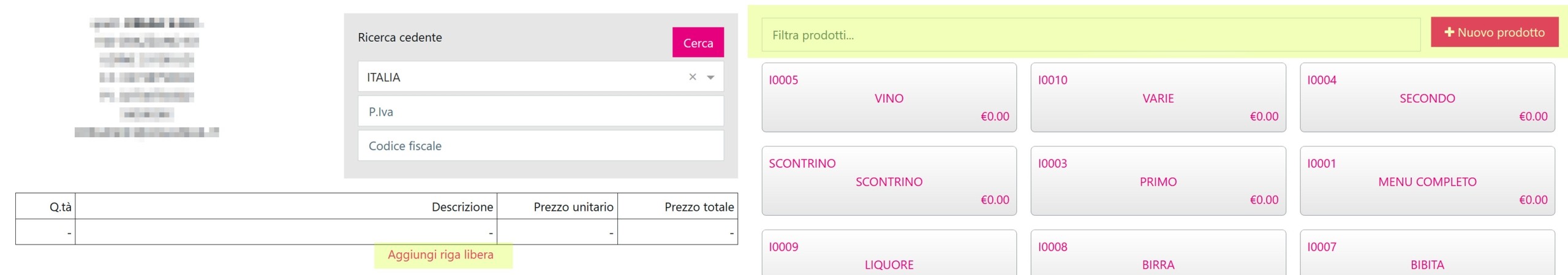 Listino preconfigurato modificabile