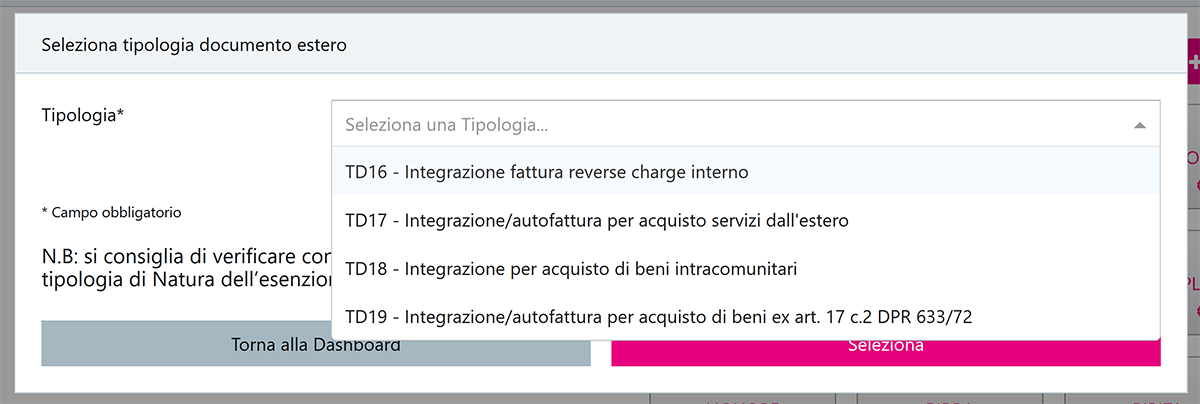 Menù a tendina per selezionare la tipologia di documento estero